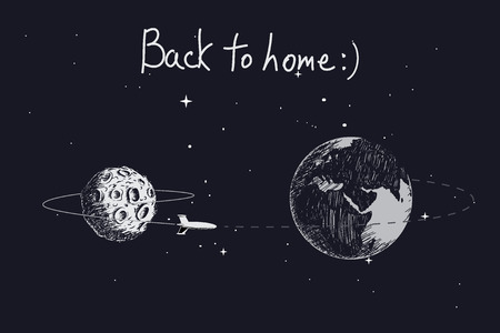 spaceship flying to Earth after mission on the Moon.Hand drawn vector illustrationのイラスト素材