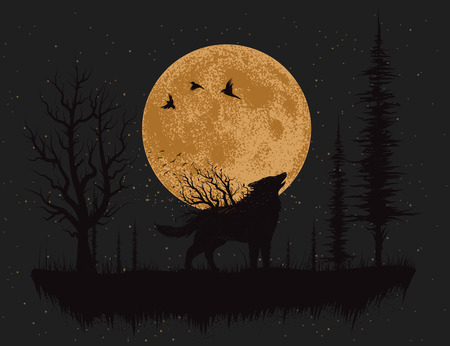 Wolf howling at the moon in the forest.Hand drawn vector illustrationのイラスト素材