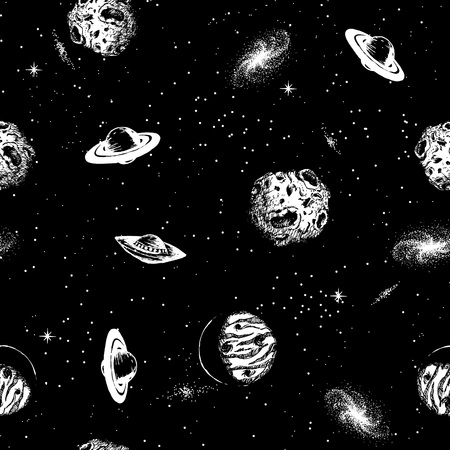Vector space pattern. Illustration with UFO,planets,asteroids and stars.universe wallpaperのイラスト素材