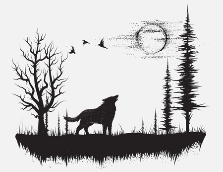 Wolf howling at the moon in the forest.Hand drawn vector illustrationのイラスト素材
