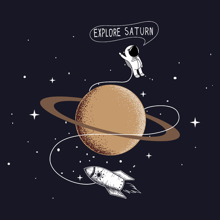 Little astronaut exploring Saturn.Hand drawn vector illustrationのイラスト素材