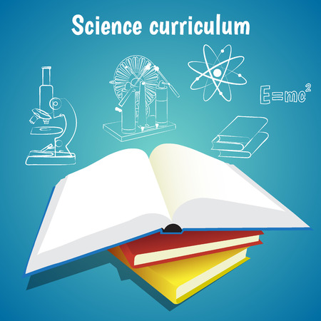 Science curriculum education concept vector illustration. Open book and school subjects icons on blue background.のイラスト素材
