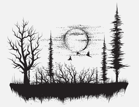 Strange forest.Silhouette of trees.Hand drawn vector illustrationのイラスト素材