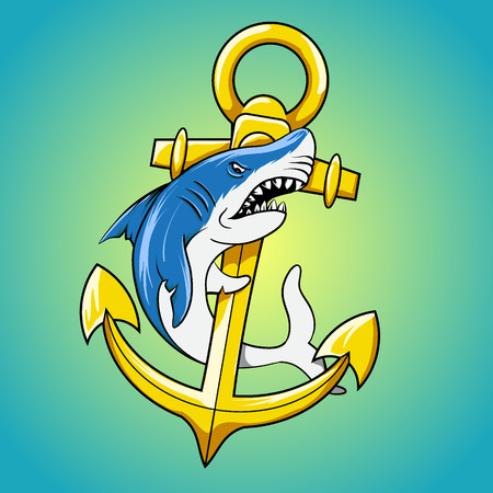 Shark and anchor cartoon vector illustration.  Symbol for marine sport t-shirt. Sailor and seaman mascotのイラスト素材