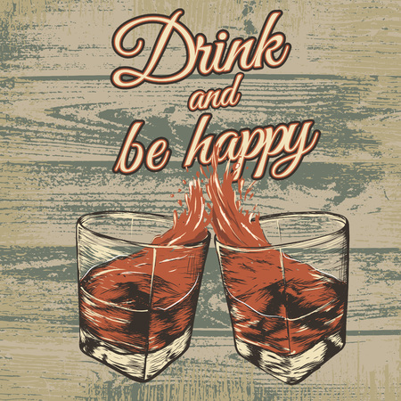 Hand drawn engraving style vector illustration with two glasses of beverage on grunge wooden background. Advertising of alcohol drinkの写真素材