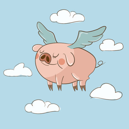 Cute little pig flying in the clouds hand drawn vector illustration. Can be used for baby t-shirt print, kids wear, celebration greeting and invitation card.のイラスト素材