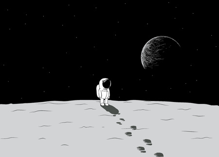 Cartoon spaceman explore a moon.Childish hand drawn vector illustration.のイラスト素材