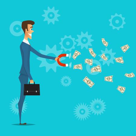 businessman attracts money with a magnet.People vector illustration.Start up business idea conceptのイラスト素材