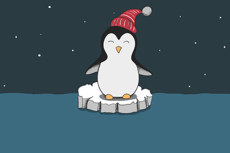 Cute penguin wearing red hat standing on ice floe.のイラスト素材