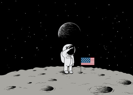 Cute little astronaut stand on the moon with USA flag.Space mission.Childish vector illustrationの写真素材