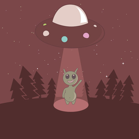 Cute humanoid touchdown to Earth from UFO in the forest.Cartoon childish vector illustration.のイラスト素材