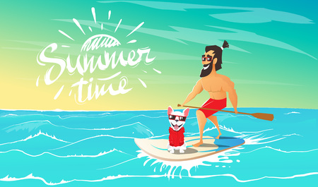 Cute happy dog with hipster are swimming on surfboard together in the ocean.Friendship between human and animal.Summer adventure. Cartoon vector illustrationのイラスト素材