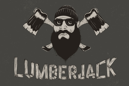 Bearded man with two axes and inscription-lumberjack.Vintage vector label.Prints designのイラスト素材