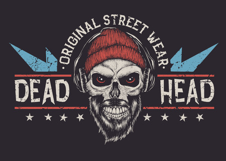 Bearded skull with red eyes.Grunge old typography emblem .Prints design. Vector illustrationのイラスト素材