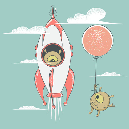 alien travel in rocket.Cute humanoid flying on balloon beside.Childish vector illustrationのイラスト素材