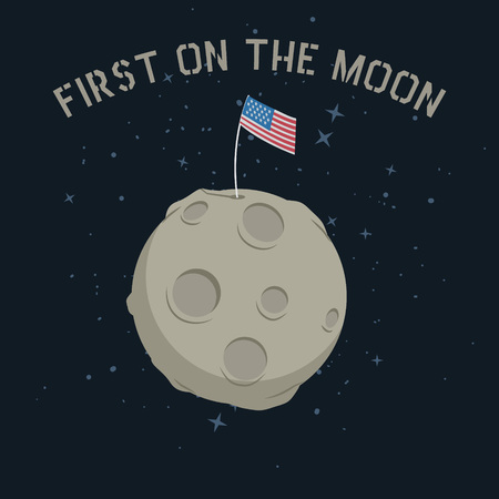 American flag stands on on the moon.Cartoon vector illustrationのイラスト素材