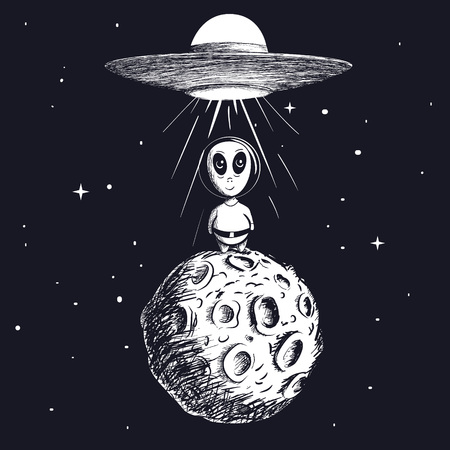 alien landed to moon from ufo.Cartoon childish vector illustrationの写真素材