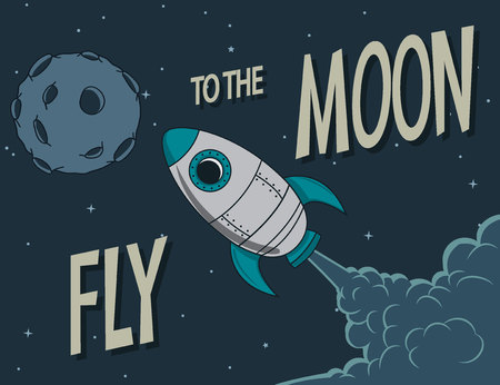 Vintage poster.Rocket fly to the moon.Cartoon vector illustrationのイラスト素材