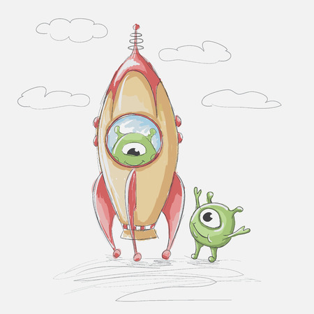 Cute alien sits in the rocket and blast off.Hand drawn style like a watercolor.Vector illustrationのイラスト素材