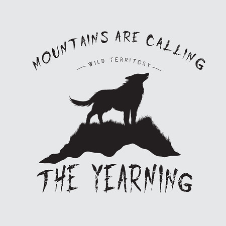 Printed emblem with howling wolf on mountain.Typography design for t-shirtsのイラスト素材