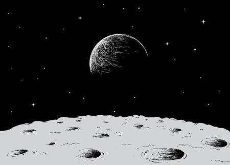 view to Earth from surface of the moon.Hand drawn vector illustrationのイラスト素材
