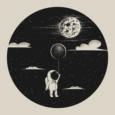 Cute astronaut with balloon fly to moon.Strange night.Childish vector illustrationのイラスト素材