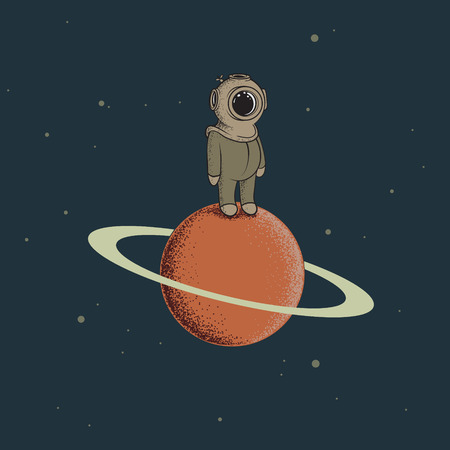 Spaceman like a diver standing on the red planet.Childish vector illustration.Retro character designのイラスト素材
