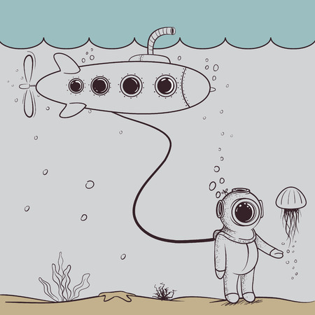 Cute diver dives from submarine to deep sea.Character design.Vintage childish vector illustrationのイラスト素材