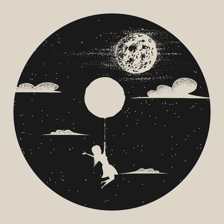 girl with balloon fly to moon. Strange night .Vintage illustrationのイラスト素材