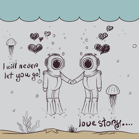 Cute love of two divers-boy and girl.Love story.Character design.Vintage childish vector illustrationのイラスト素材