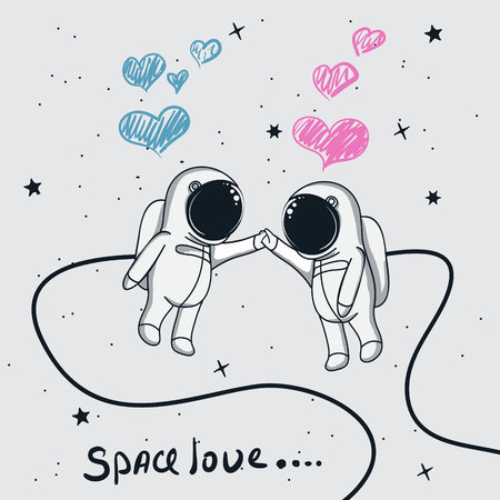 Love story of boy and girl astronauts in space.Cartoon childish vector illustration on white backgroundのイラスト素材