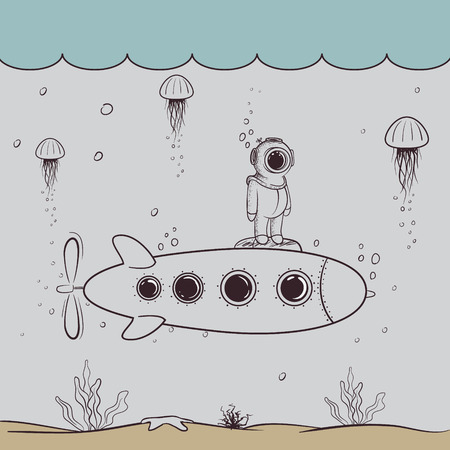 Little diver floats on submarine in the deep ocean.Character design.Vintage childish vector illustrationのイラスト素材
