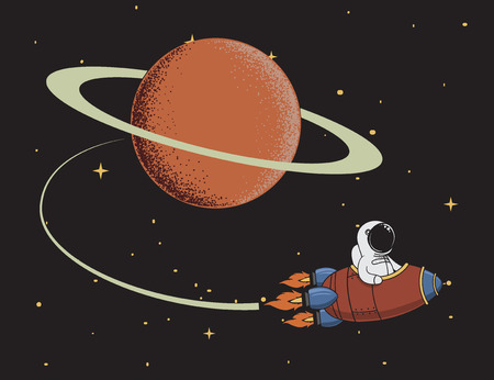 Cute spaceman come back after mission to Saturn. Science color vector illustrationのイラスト素材