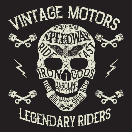 Vintage motors.Emblem with skull.Prints design for t-shirtsのイラスト素材