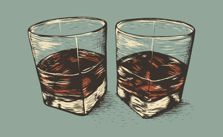 Two glasses with rum.Old style.Hand drawn work.Vector illustrationのイラスト素材