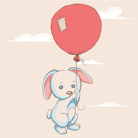 Little rabbit flying with balloon to the sky.Cartoon childish vector illustration.のイラスト素材
