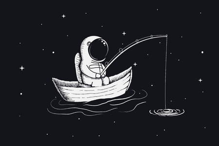 astronaut fisherman is fishing in space .Hand drawn style.Abstract vector illustrationのイラスト素材