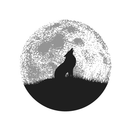 Silhouette of howling wolf on full moon background.Vector symbol or logoのイラスト素材
