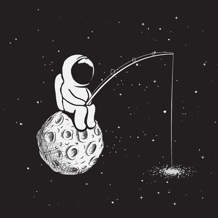 Astronaut sits on full Moon and catches a stars through fishing rod from galaxy.Hand drawn vector prints designのイラスト素材