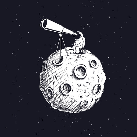 Astronaut looks through the telescope to universe on abstract Moon.Hand drawn style.Space vector illustrationのイラスト素材
