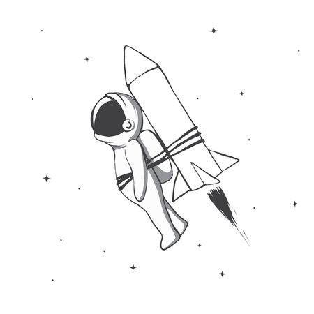 astronaut flying to space with rocket tied for him.Cosmic character.Black and white vector illustrationのイラスト素材