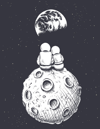 Happy astronaut girl and boy looks to Earth from Moon.Love in space.Romantic vector illustrationのイラスト素材