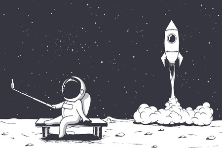 astronaut photographs himself on Moon against the background of a rocket .Space theme.Vector illustrationのイラスト素材