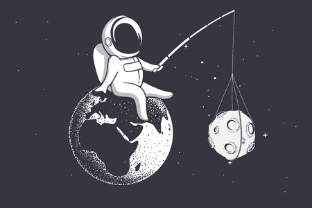 an astronaut sitting on Earth holds Moon with a stick.Vector illustrationのイラスト素材