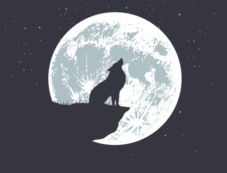 wolf howling to full moon on the precipice .Vector illustrationのイラスト素材