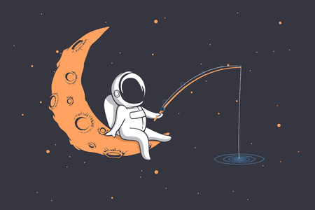 astronaut fishes in space, sitting on the crescent moon.Cartoon vector illustrationのイラスト素材