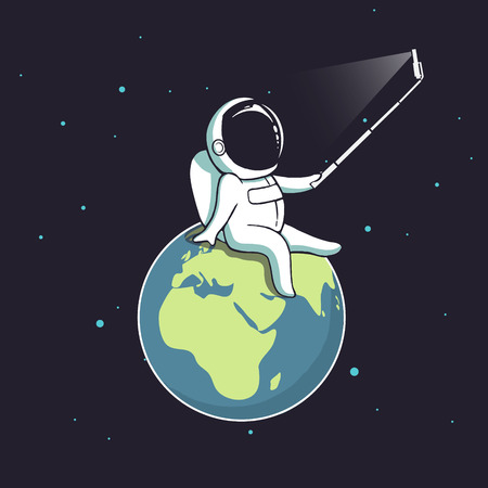 Funny astronaut make selfie on Earth.Spaceman photographs himselfのイラスト素材