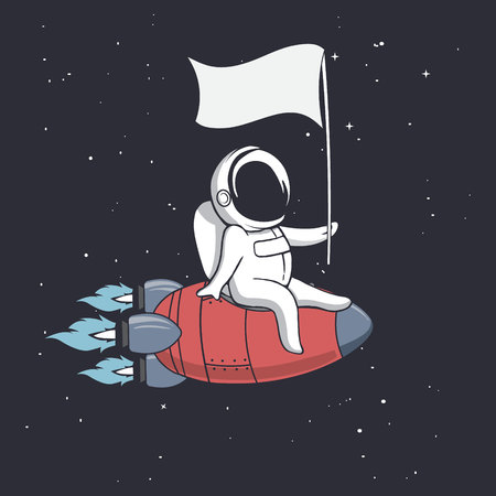 Astronaut sits on rocket and holds a flag . Vector illustrationのイラスト素材