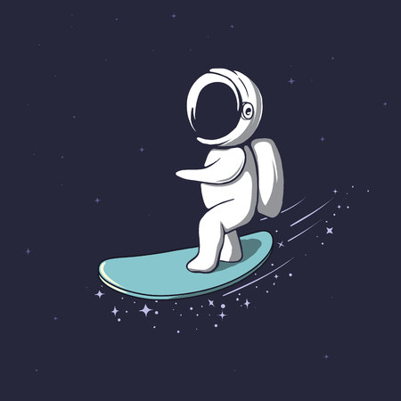 Cute astronaut rides on surfboard through the universe.Space vector illustration.Prints designのイラスト素材