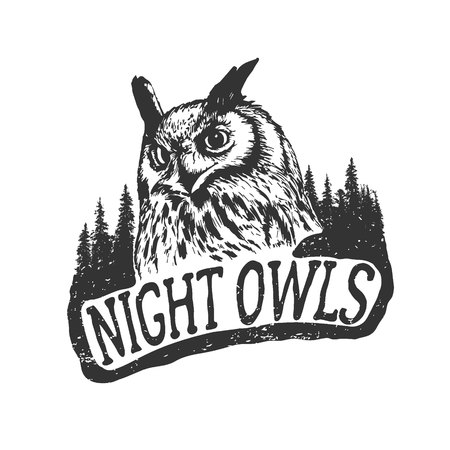 Vintage hand drawn badge.The night owls in forest .Vector illustrationの写真素材